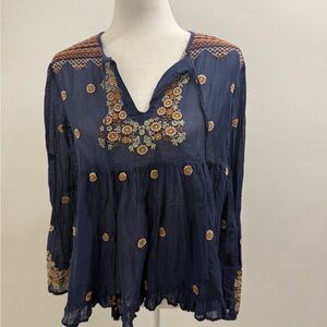 Max Studio Navy and Orange Embroidered Blouse Boho Style V Neck size M EUC